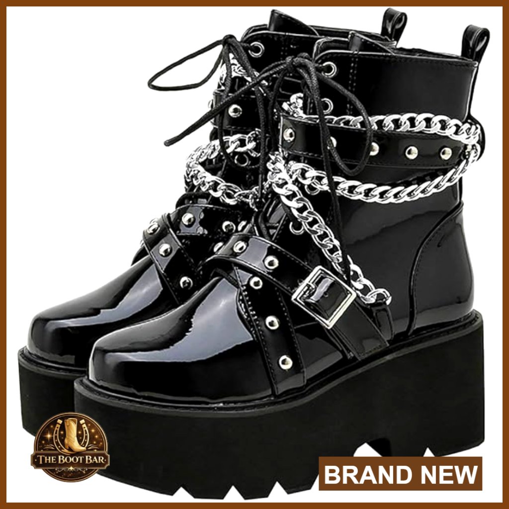 Patent Leather Combat Boots Platform Heel Ankle Booties Lace Up Punk Goth